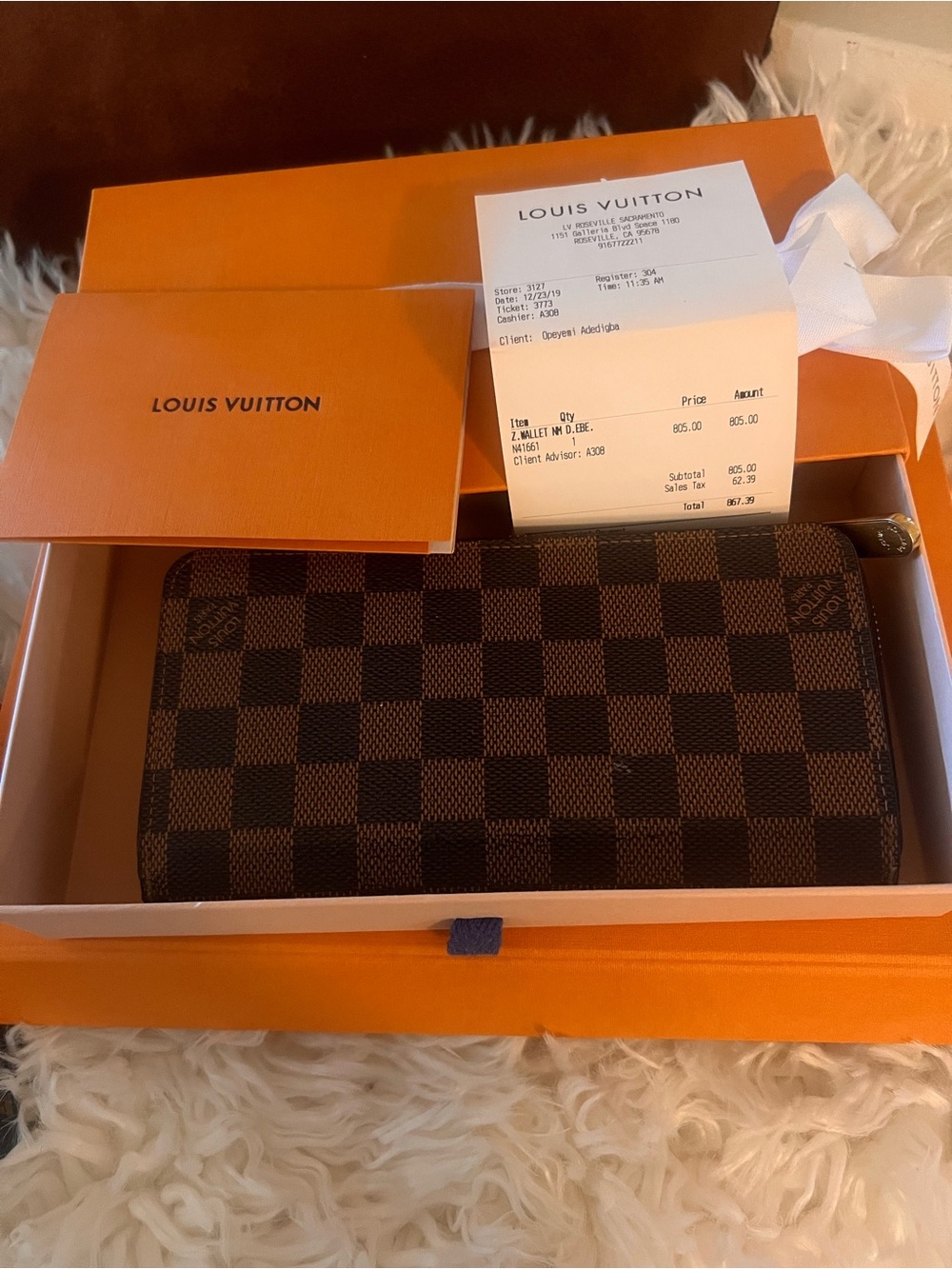 Louis Vuitton Brown Damier Ebene Zip Around Wallet with Gold Hardware
